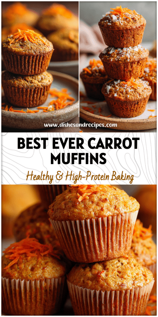 Stack of golden healthy carrot muffins on a rustic plate topped with grated carrot shreds.